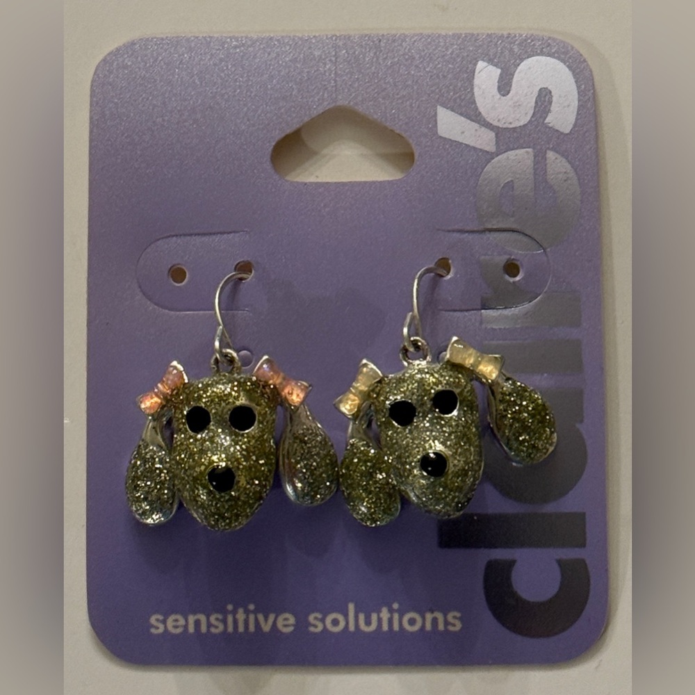 Claire's Sparkling Dog Earrings with Pink & Gold Bows
